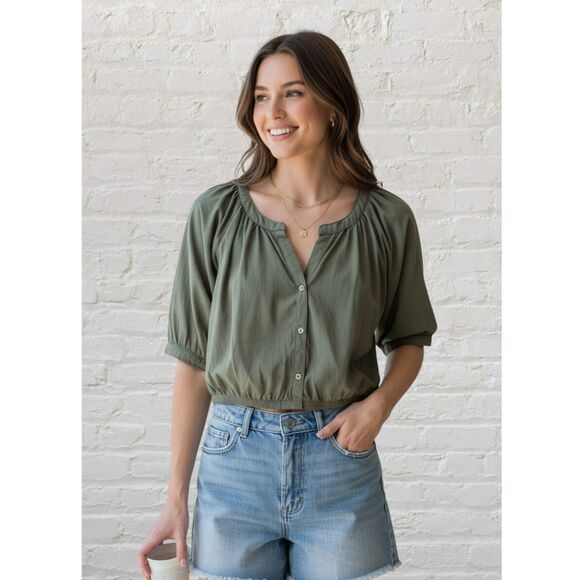 Aerie Crop Top Button-Front Size M Olive Green - Picture 1 of 14